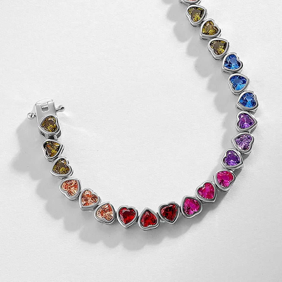 925 Sterling Silver Tennis Bracelet Colorful Rainbow CZ Heart Shaped Zircon Bracelet For Women Fine Jewelry Wholesale