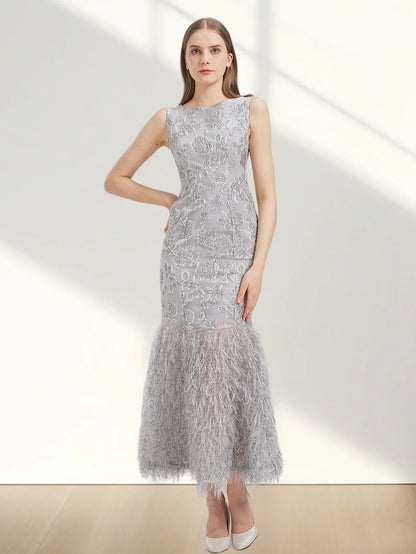 New Arrival Organza Fishtail Long Dress Maxi Evening Summer Sleeveless Bodycon Fitting Gown Feathers Women Robe Vestido