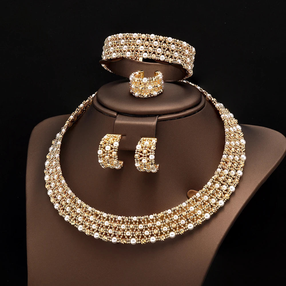 Dubai Casamento Nupcial Conjuntos Completos De Joias Para Mulheres Festa Luxo Nigéria Banhado A Ouro Contas Gargantilha Colar Conjunto De Joias
