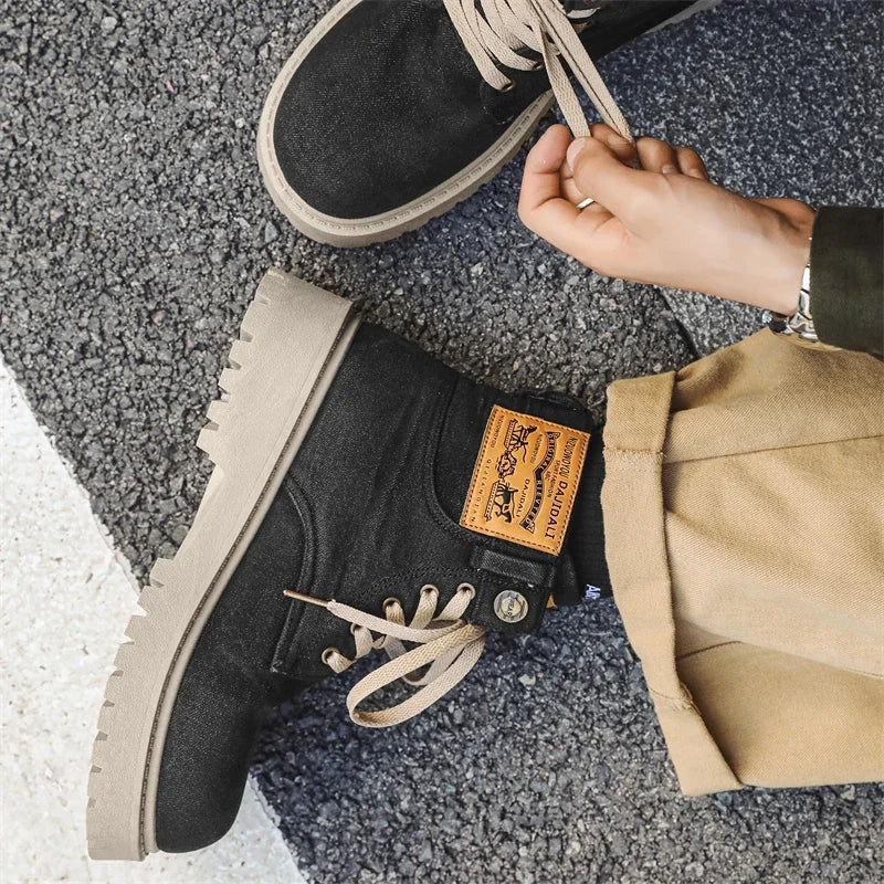 Breathable Men Boots Winter Denim Cloth Mens Ankle Boots Retro Work Boots Platform Men Casual Shoes Handmade High Top Shoes