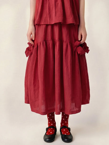 Red Japanese Half length Skirt imakokoni Spring/Summer Original Artistic Elastic Waist Bow Mid length Skirt for Women 265485