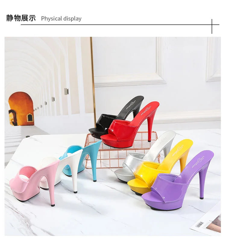 Slippers Women Summer 2022 New Black High Heels 13 CM  Color Club Sexy High Platform Thin  Party Girl Show Sandals  Size 34-43