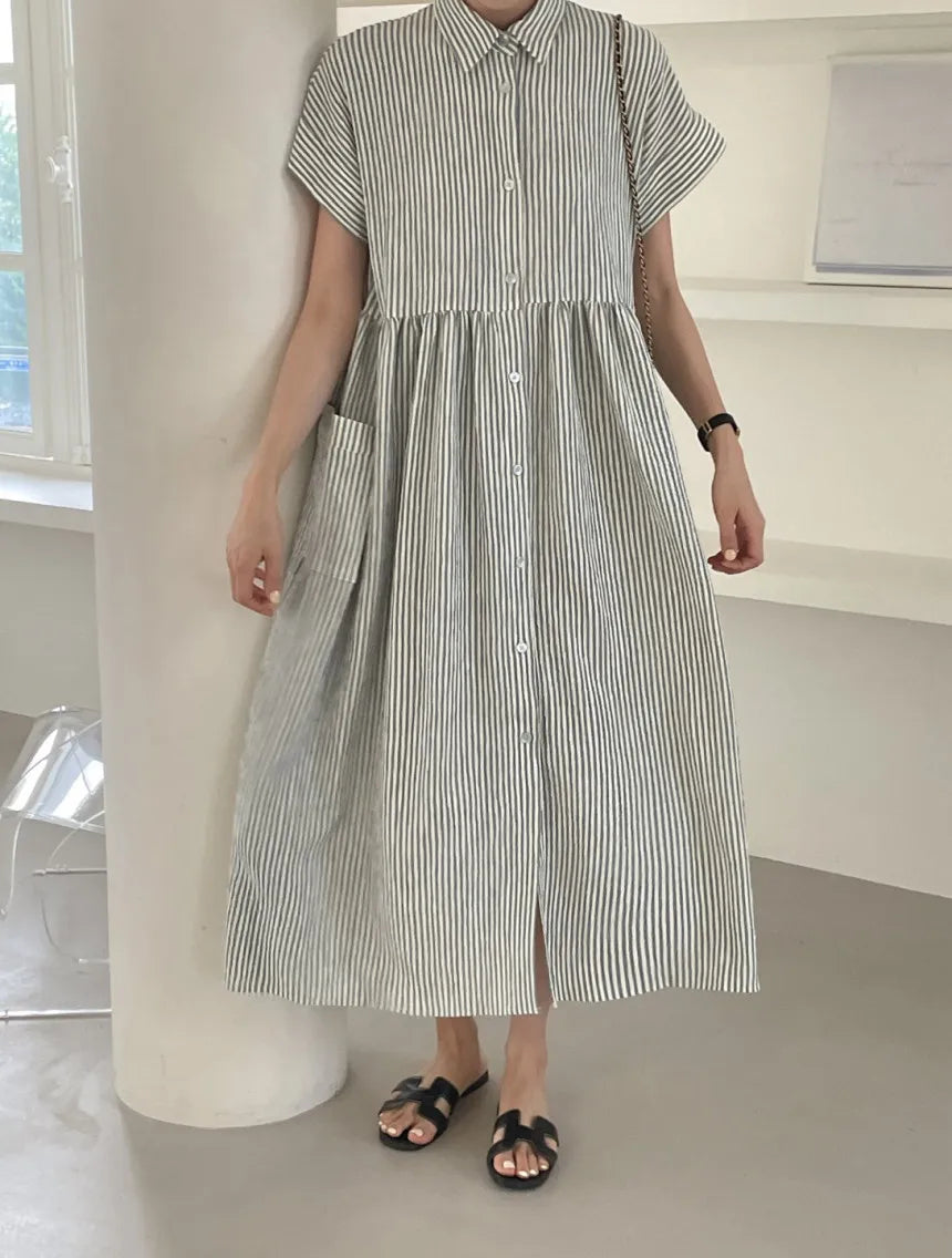 Summer Vintage Striped Single Breasted Women's Shirt Dresses 2024 New Korean Casual Straight Dress Pockets Female