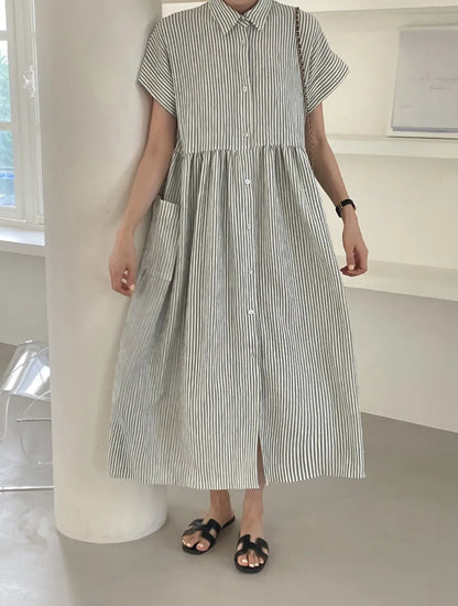 Summer Vintage Striped Single Breasted Women's Shirt Dresses 2024 New Korean Casual Straight Dress Pockets Female
