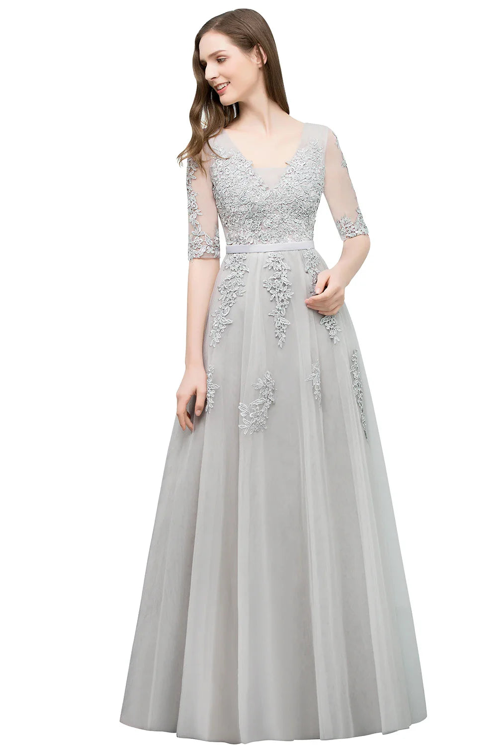 Elegant Half Sleeve Evening Dresses Lace Appliques A-Line Long Tulle Strap V-Neck Sheer Backless Prom Dress Empire Party Gowns