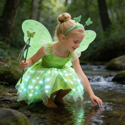 Childern Princess Dress For Girls LED Light With Flower Fairy Dress Up Kids With Wings Halloween Elves Party Tinker Bell Dress