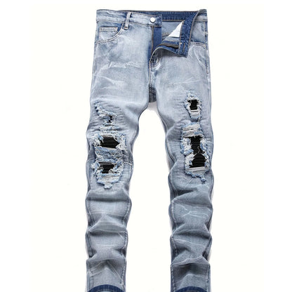 Men‘s Stretchy Denim Jeans Streetwear Tearing Patchwork Holes Ripped Denim Elastic Waist Casual Pants Slim fit Straight Trousers