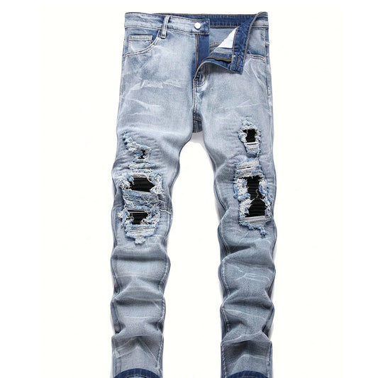 Men‘s Stretchy Denim Jeans Streetwear Tearing Patchwork Holes Ripped Denim Elastic Waist Casual Pants Slim fit Straight Trousers