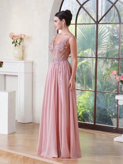 Dusty Pink Sheer Evening Dresses Lace Applique Spaghetti Straps V-Neck Backless Prom Dress Chiffon A-Line 2025 Formal Party Gown