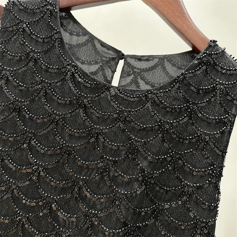 Bling Bling Sequined Tanks Tops Women Fashion Heavy Industry Double-sided Beaded Vest Vacation Leisure Beaded  Chiffon Top
