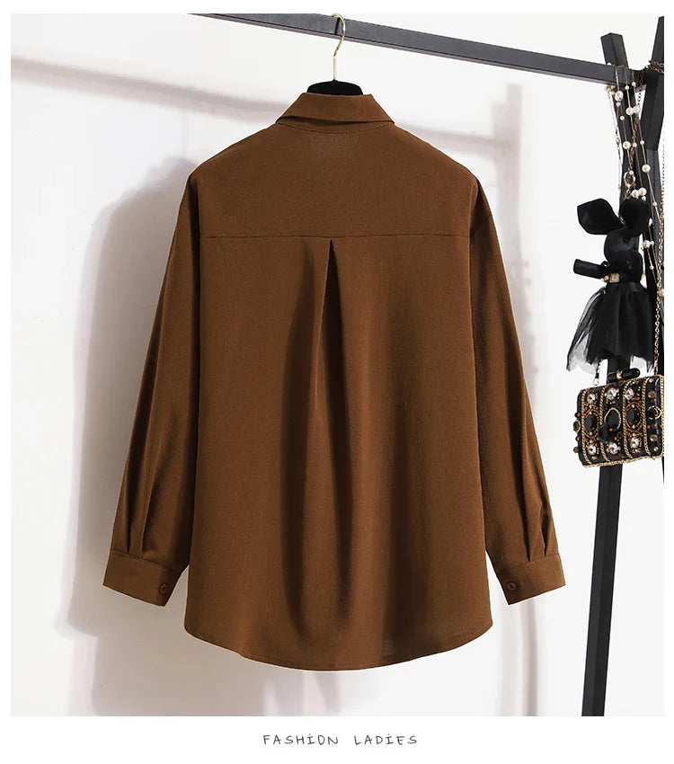 2026 Women's Plus Size Blouse Korean Style Spring Autumn Loose Elegant Casual Mid-length Tops Long Sleeved Waist Cinching Shirts