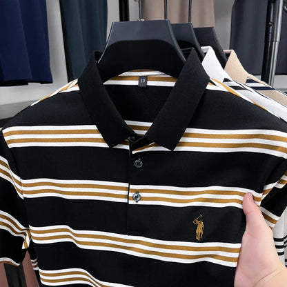 Men's Short Sleeve Embroidered Striped Polo Shirt Summer High End Brand Fashion Business Breathable Lapel T-shirt Men's Clothing