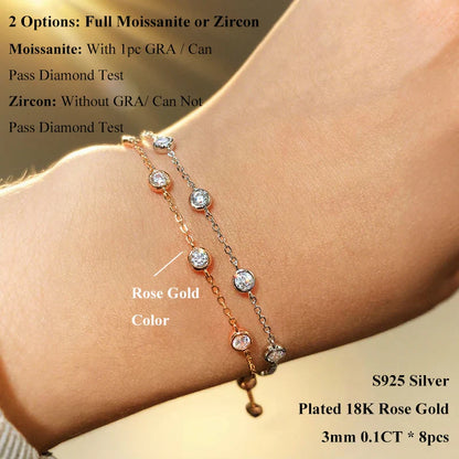 Full 0.1CT 3mm D Color Moissanite Diamond Link Bracelet for Woman 925 Silver Plated 18k Adjustable 15-20cm Chain Bracelets