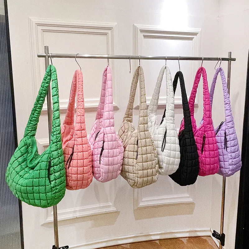 Casual Ruched Hobos Women Shoulder Bags Quilted Padded Crossbody Bag Large Capacity Nylon Puffer Tote Bag Big Shopper Purses