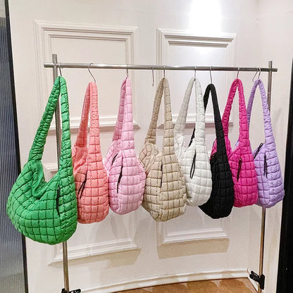 Casual Ruched Hobos Women Shoulder Bags Quilted Padded Crossbody Bag Large Capacity Nylon Puffer Tote Bag Big Shopper Purses