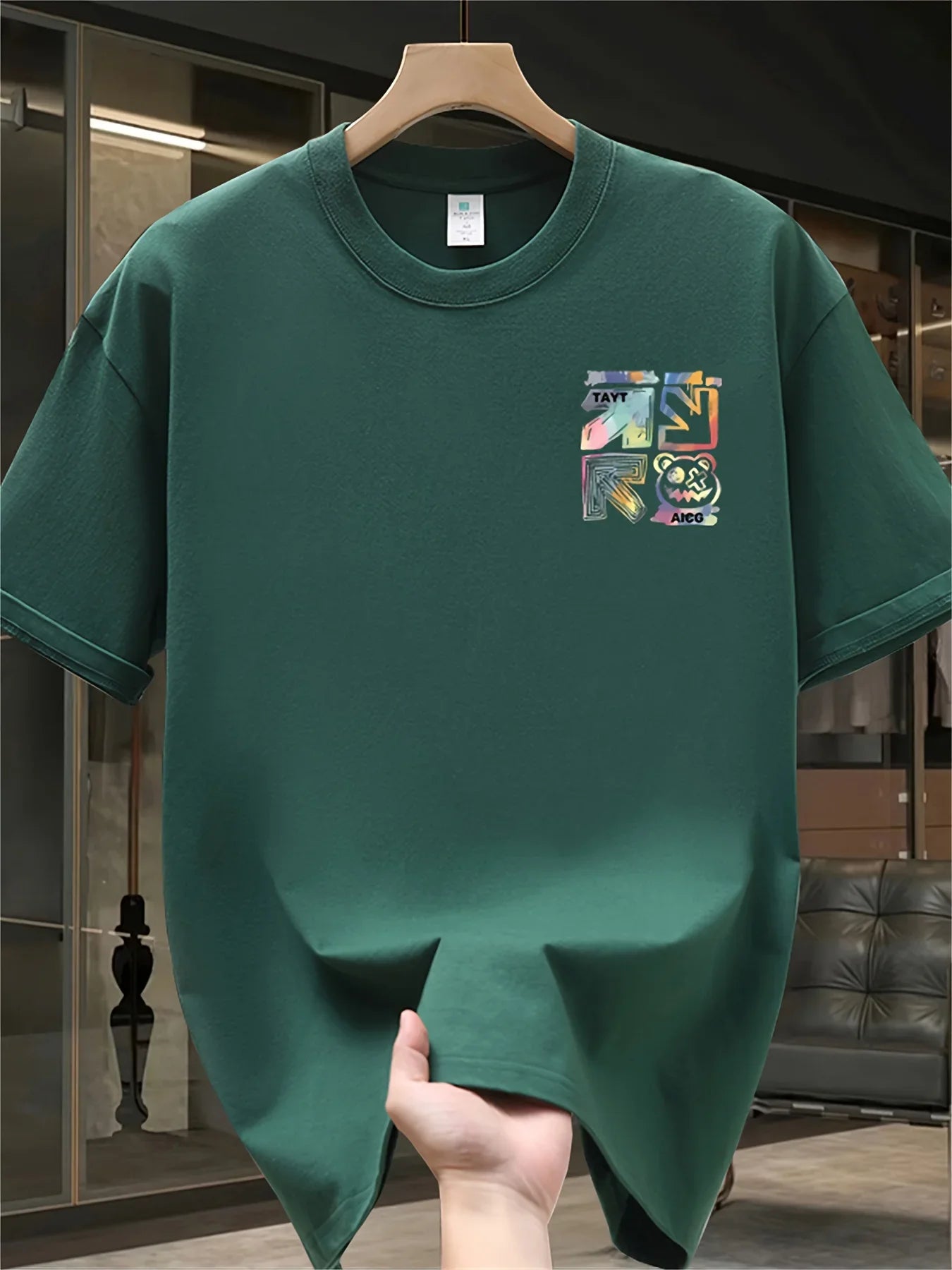 100% cotton men's casual loose T-shirt fashionable trendy brand pattern printed breathable round neck short sleeved top
