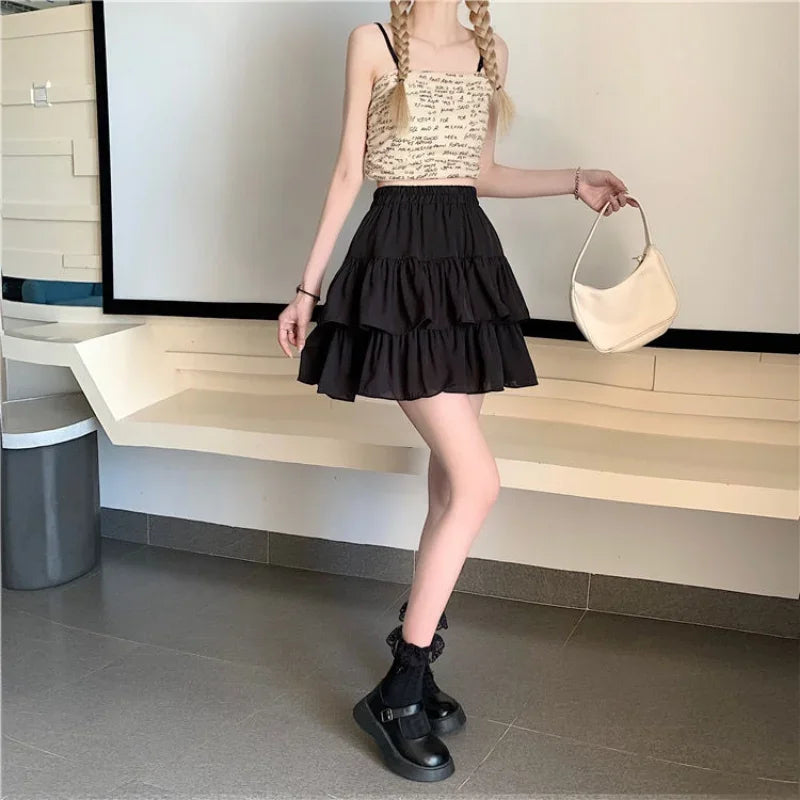 Girls White Puffy A-Line Mini Skirt Spring Summer Fresh Sweet Style Polyester Fabric Short Half-Length Baked Cake Skirt