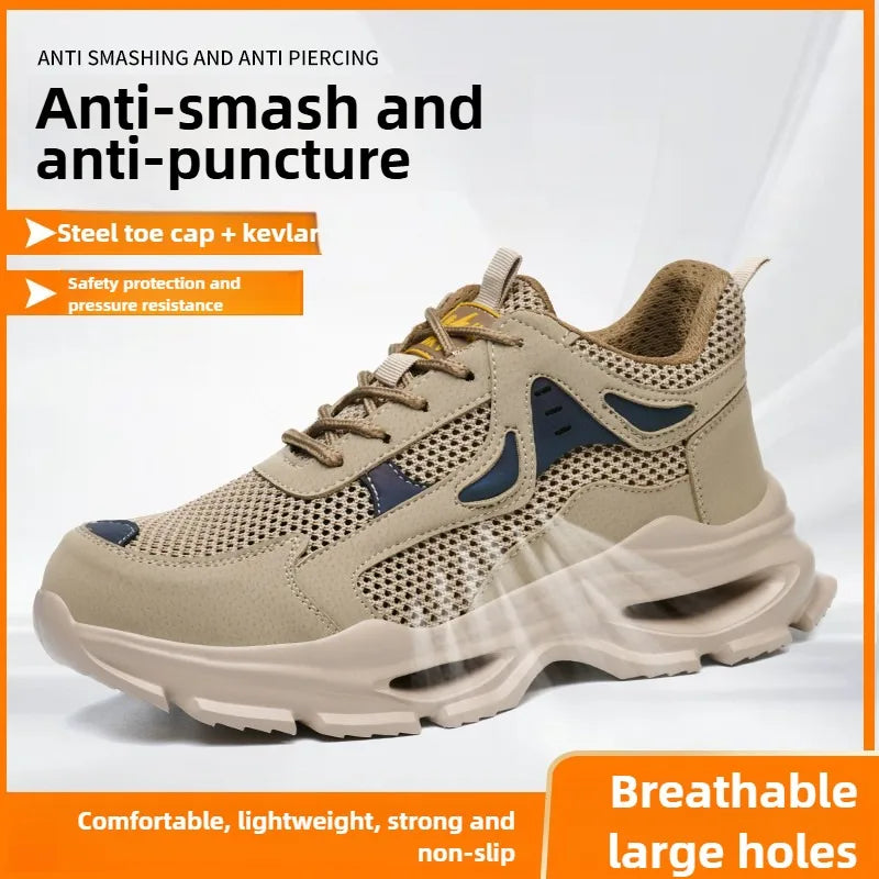 Summer Safety Shoes Anti-puncture Khaki Lightweight Breathable Men's Safety boots Durable Impact Resistant Work Sneaker