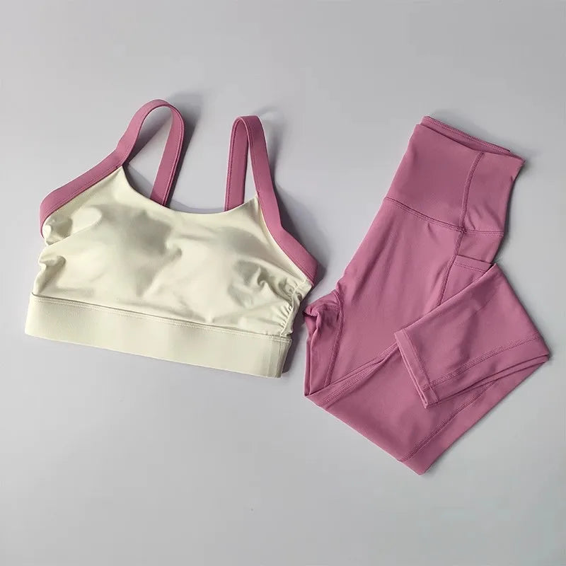 Women's Color-Block Quick-Drying Yoga Fitness Suit Cross-Back Sports Bra High-Waist Hip-Lifting Pants Gym Workout Ensemble
