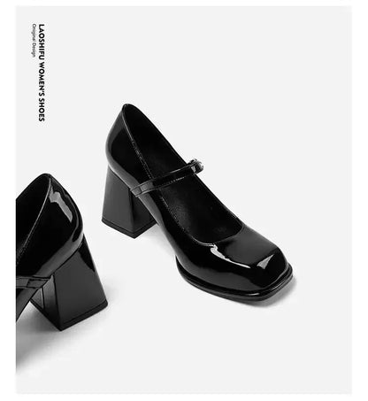 Mary Janes Vintage Black Sandals Woman Buckle Casual Medium Heels Office Ladies Solid Elegant Heels Korean 2024 Summer