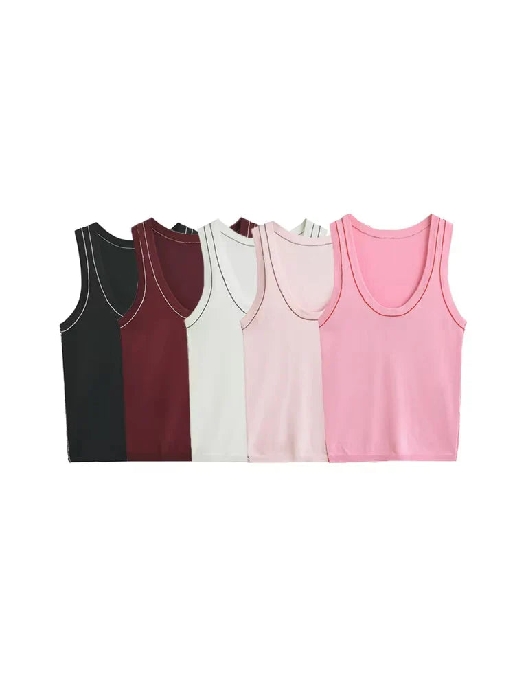 Women's Sleeveless Knit Tank Tops, V Neck ,Contrast Trims, Female Camis, Chic Vest Fashion