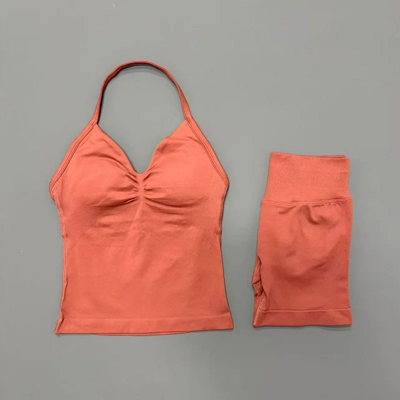 2 Piece Sports Set Women Seamless Yoga Tank With Removable Pads Top Scrunch Butt Workout Leggings Suit Gym Sports Sets