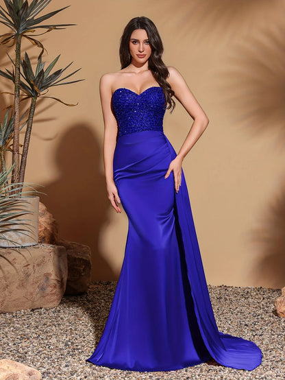Satin waist pleated side flaps floor-length skirt, sequined spliced tube top dress
