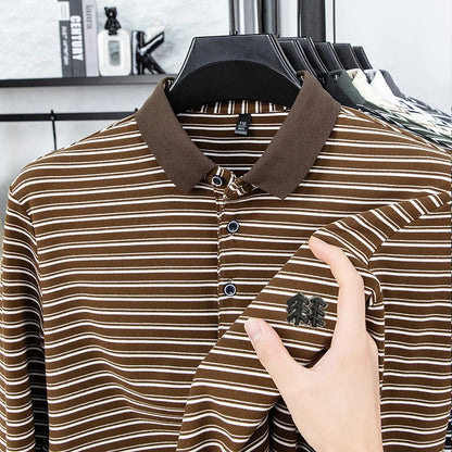 Men's Striped Long Sleeved T-shirt Polo Shirt Button Up Men's Stand Up Collar, Winter Double-sided German Velvet Base Shirt