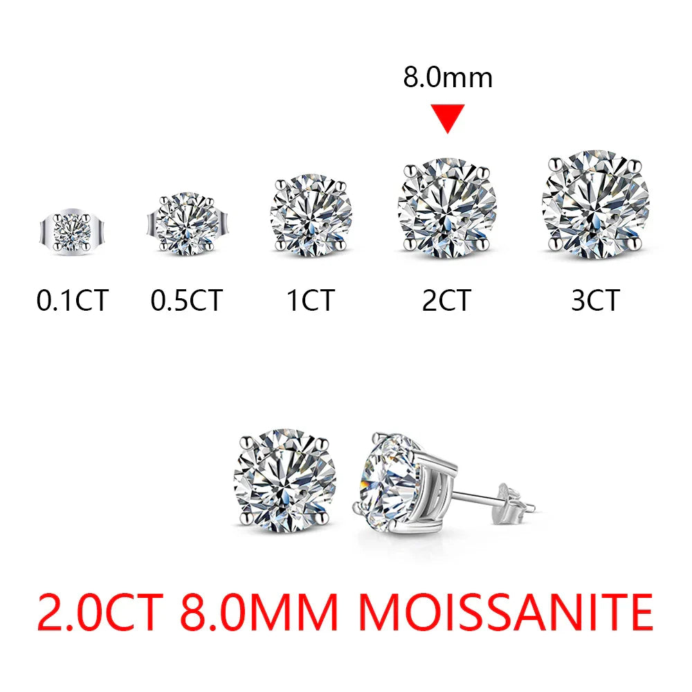 2 Carat 8.0mm D Color Moissanite Stud Earrings For Women Top Quality 100% 925 Sterling Silver Sparkling Wedding Jewelry
