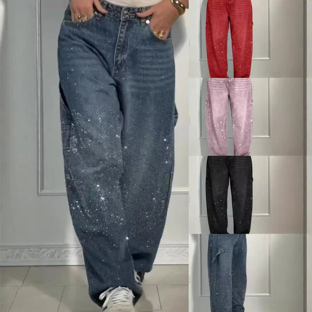 Calça Jeans Feminina Mom Pantalona Perna Larga Hot Drilling Cintura Alta Reta Y2k Streetwear Casual Punk Solta