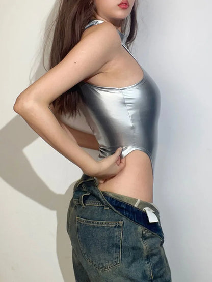 Summer Sleeveless Sexy Bodysuit Slim Silver Y2k Clothes Skinny High Waist One-pieces Women O-neck Hot Bodys Para Mujer De Vestir