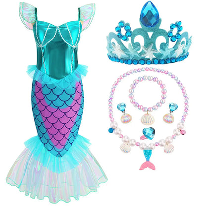 Blue Red Purple Three Colors Mermaid Flying Sleeve Fishtail Beautiful Dress For Girl Summer Beach Party Cool Swimsuit Set