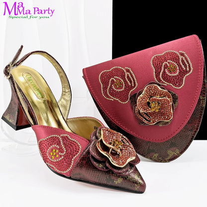 Spring New Design Italian Ladies High Heels Shoes Matching Irregular design Bag in Yellow Color with Appliques