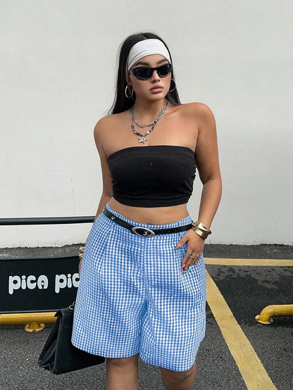 Ladies plus Size Spring Simple Casual Black White Plaid Shorts Wide Leg Pants Trousers for Women