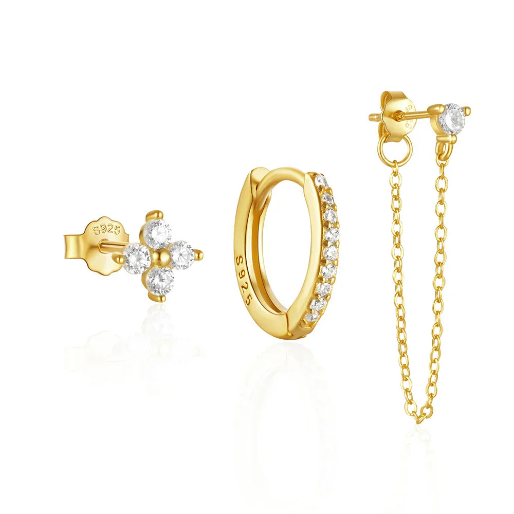 925 Sterling Silver 3pcs/set Cute Chians Stud Earrings Set Fashion Zircon Crystal Women Girls Gift Fine Jewelry Set