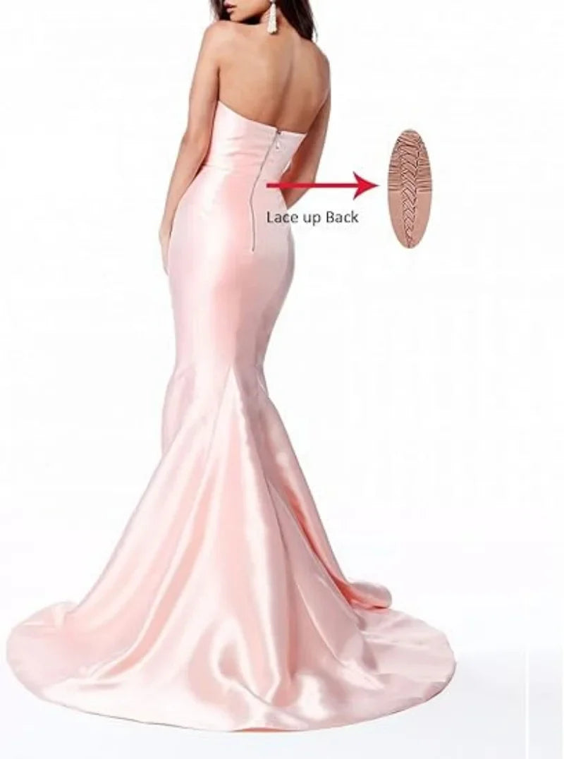 Women's Sleeveless Mermaid High Slit Backless Long Prom Gowns Strapless Floor Length Satin Evening Maxi Dresses