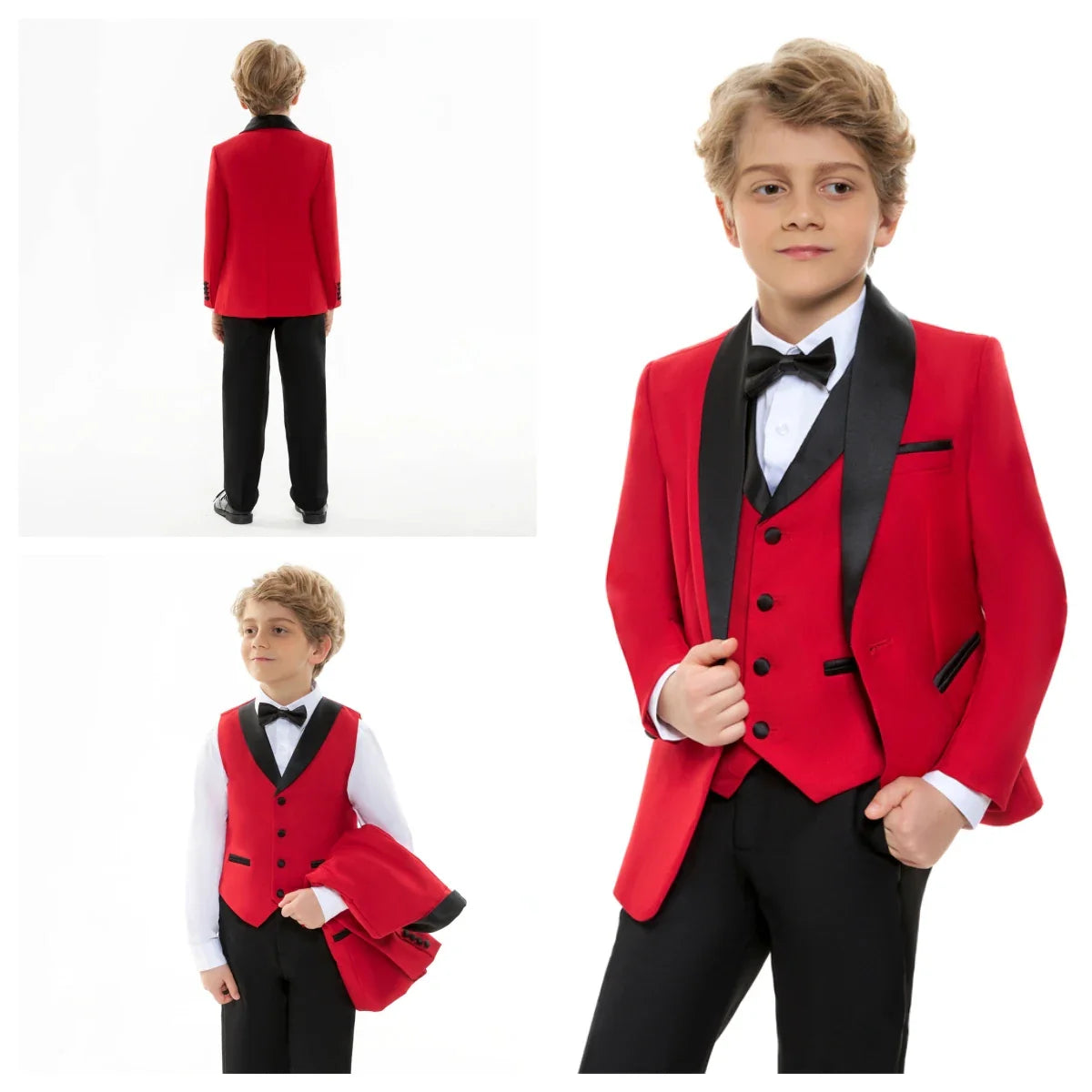 Regular Fit Boy's Formal Suit Set, 4 Pieces Smart Suits For Kid From 3 To 14 Years Shawl Neck Wedding Guest Outfit For Children