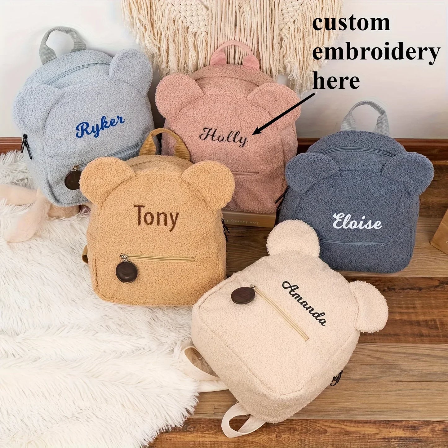 Cute Bear Plush Backpack Embroidered Name Autumn Winter Kids Outdoor Shoulder Bags Custom Personalized Children's Gift Bags