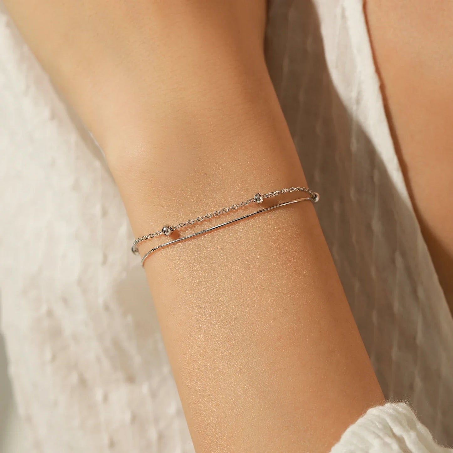 Double Layer Snake Chain Bracelet 925 Sterling Silver Simple Beads Link Chain Bracelet For Women Daily OL Fine Jewelry