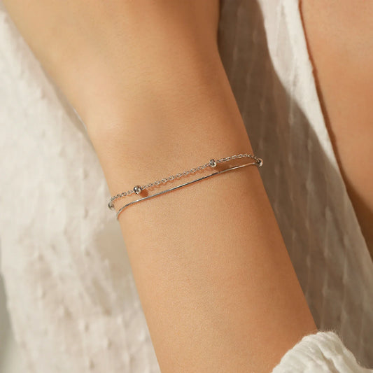 Double Layer Snake Chain Bracelet 925 Sterling Silver Simple Beads Link Chain Bracelet For Women Daily OL Fine Jewelry