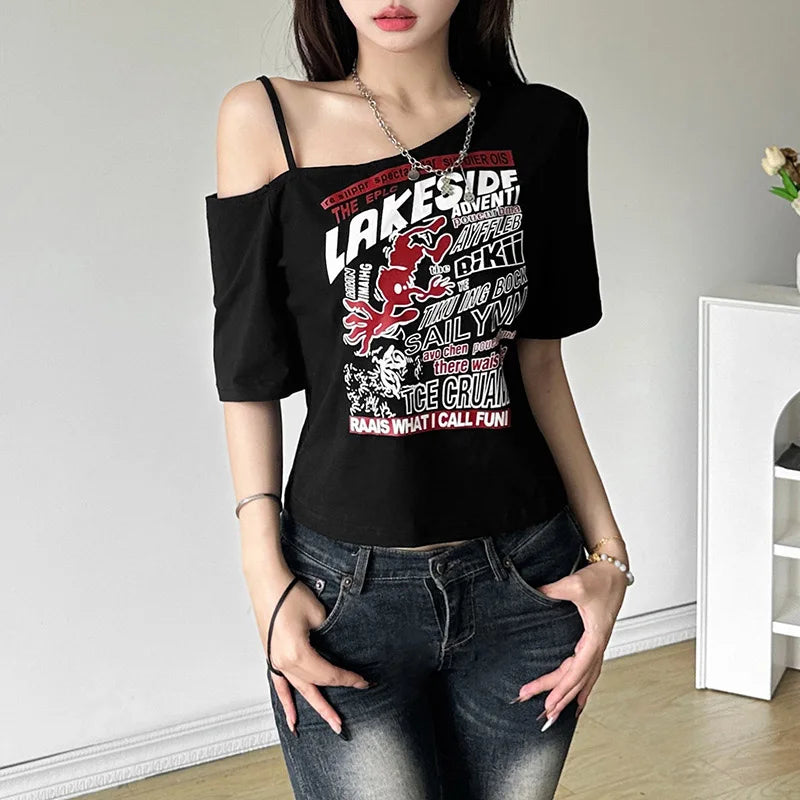 Tee Y2k Letter Print Off Shoulder Punk T-shirts Women Harajuku Summer Streetwear Grunge T Shirt Aesthetic Sexy Crop Tops
