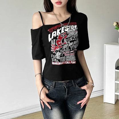 Tee Y2k Letter Print Off Shoulder Punk T-shirts Women Harajuku Summer Streetwear Grunge T Shirt Aesthetic Sexy Crop Tops