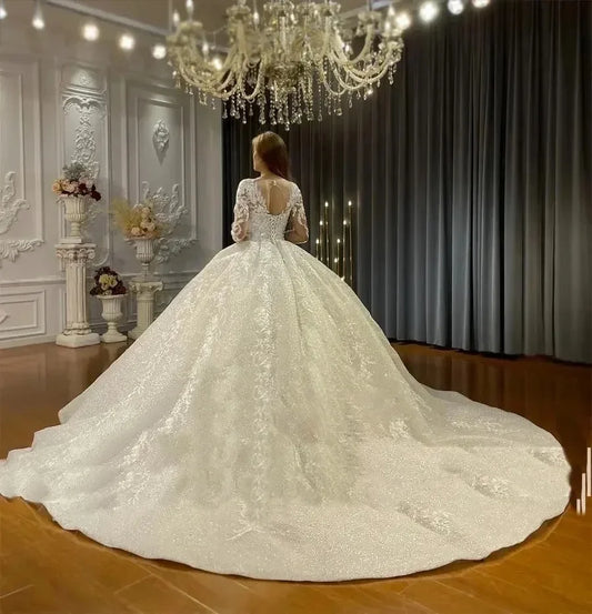 Customized Beading Muslim Wedding Dresses Long sleeve O Neck Wedding Gown Mariage Lace Bride Dress Vestidos De Novia