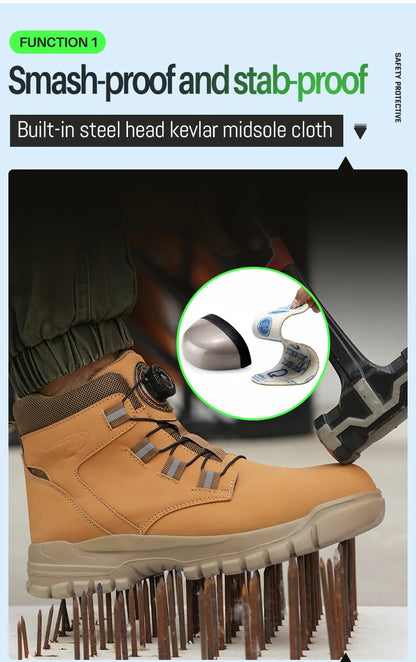 High Top Work Shoes Men Rotary Button Slip Resistant Safety Shoes Water Resistant Work Sneakers Anti-Puncture Anti-smash Shoes