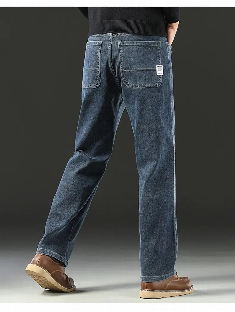 Men's Spring Autumn Soft Baggy Jeans Casual Straight Stretch Wide-Leg Business Denim Pants Versatile Comfortable Loose Trousers