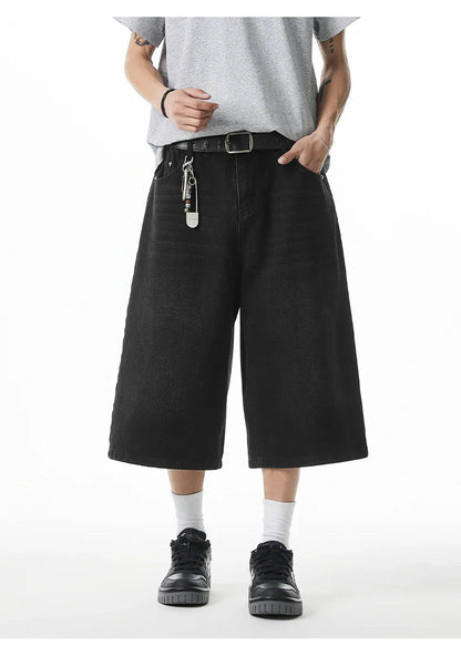 2025 Summer Men's Wide Leg Jeans Shorts Vintage Distressed Wash Y2K Straight Elastic Waist Loose Casual Relaxed Fit