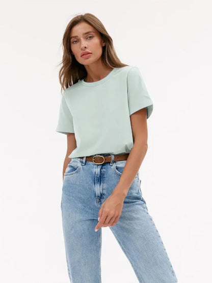 Summer 100% Cotton Women's T-shirt Bottoming Basic Fashionable Solid Lady Short Sleeve Loose Tops Shirts 230g/㎡ Tops