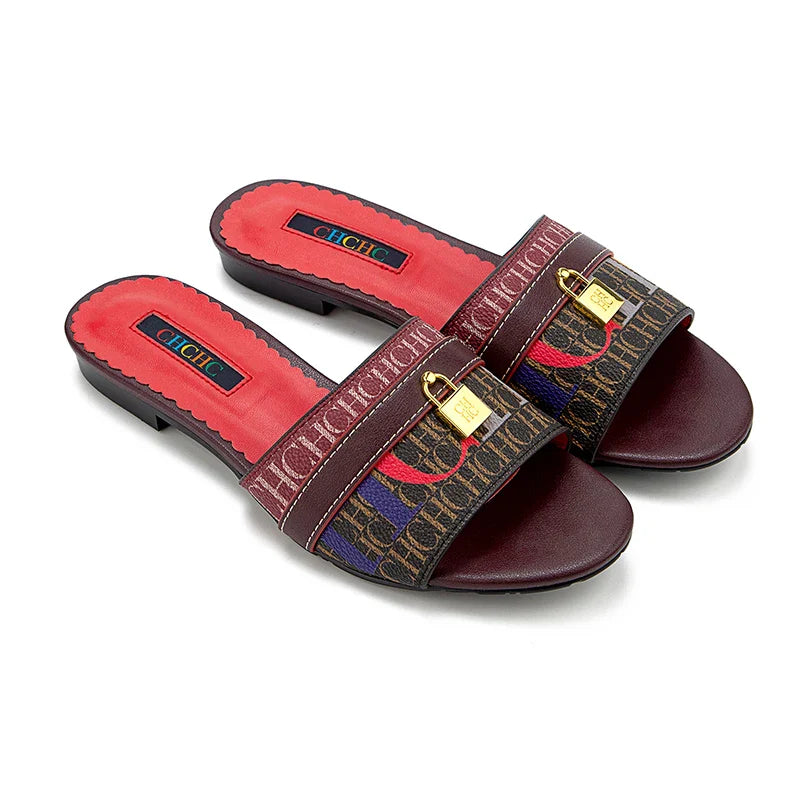 High Quality Metal Lock Monogram Print Women's Low Heeled Slippers Delicate and Versatile Women's Fashion Slippers