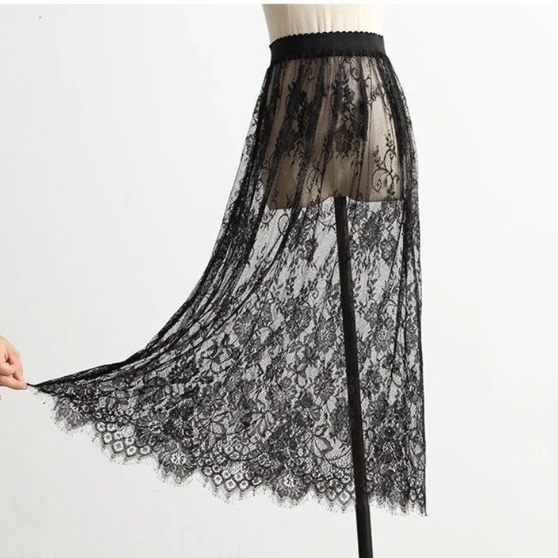 Transparent Sexy Lace Mesh Skirt Elastic High Waist Black White Tulle Mini Skirts Womens Skirt Korean Fashion Women's Skirt