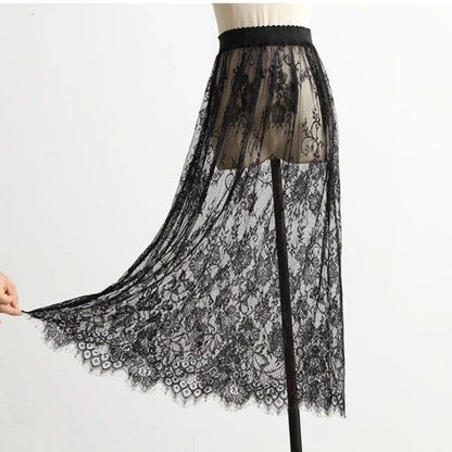 Transparent Sexy Lace Mesh Skirt Elastic High Waist Black White Tulle Mini Skirts Womens Skirt Korean Fashion Women's Skirt